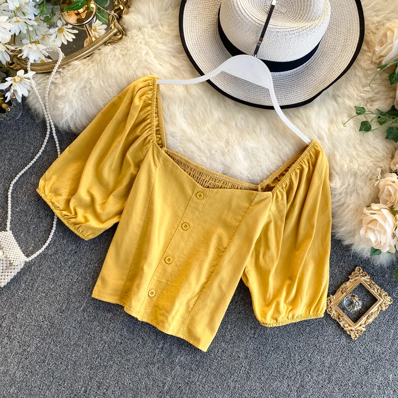 

Korean Short Sleeve Short Tops Women High Waist Slimming Retro Square Collar Solid Color Shirt Blouse L130