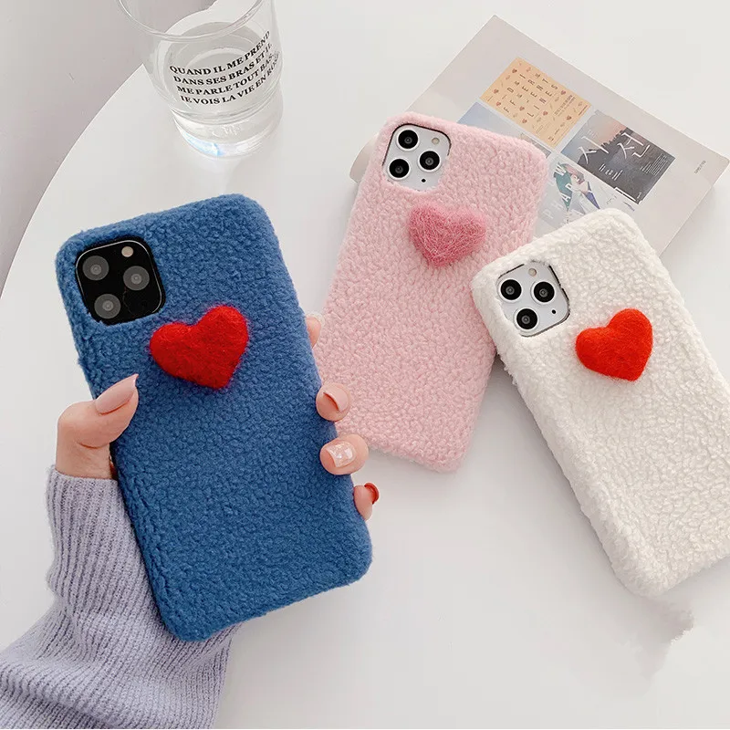 Kawaii теплый плюшевый чехол для телефона с сердечком Iphone 11 Pro Max X Xr Xs 6 7 8 Plus Пушистый