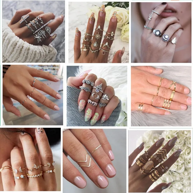 

25 стилей женская богемная винтажная корона цветок из складок сердце Лотос звезда кристалл в форме листика опал кольцо с камнем вечерние юве...