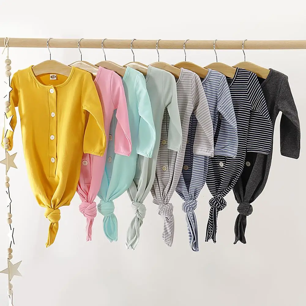 cotton fashion button knot gown baby boys and girls mustard pink mint stripe grey multicolor long sleeve sleeping romper | Мать и ребенок