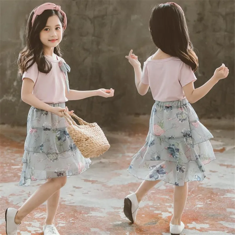 Детский летний костюм из топа с коротким рукавом и юбки на возраст 5-12 лет |