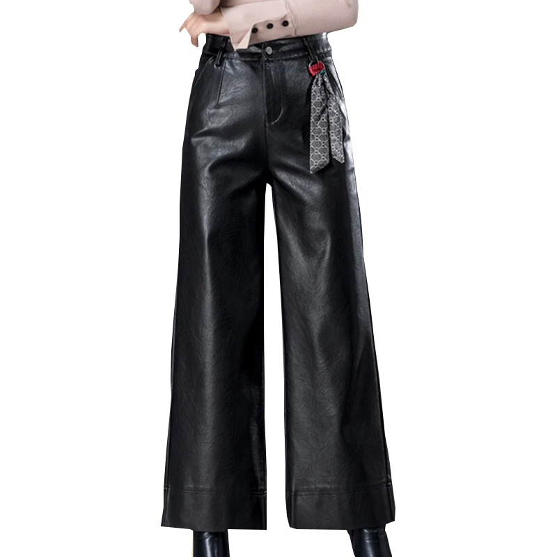 Женские зимние кожаные расклешенные брюки новейшие элегантные тонкие