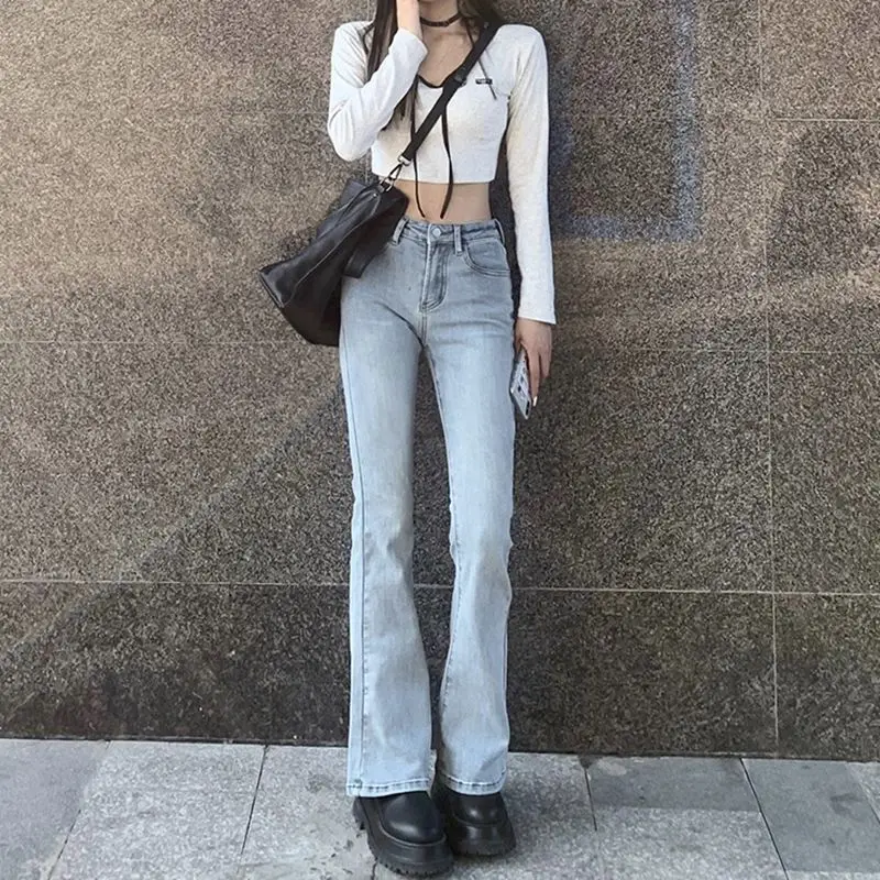 

Women's Vintage High Waist Trumpet Full Length Jeans Female Lady Streetwear Elastic Slim Denim Flare Boot Cut Pants For Women