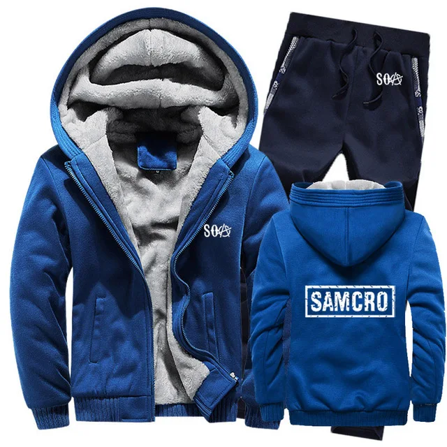 

SOA Sons of Anarchy Hoodies Mens Suit Winter fleece Thicken Warm zipper Sweatshirt SAMCRO Mens Hoodies Jacket Pants 2Pcs Sets