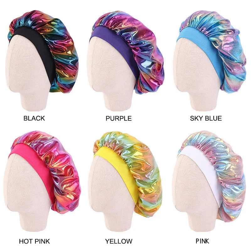 

Cute Hot Sale Children's Elastic Hair Cap For Sleeping Laser Headband Baby Shower Bath Silk Night Styling Turban Round Hat