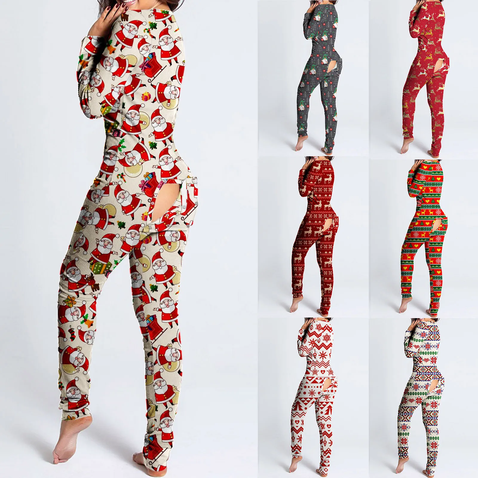 

Christmas Print Button-Down Jumpsuit Women Print Functional Long Sleeve Sexy Pajamas Buttoned Flap Adults Night Jumpsuit Sleepwe