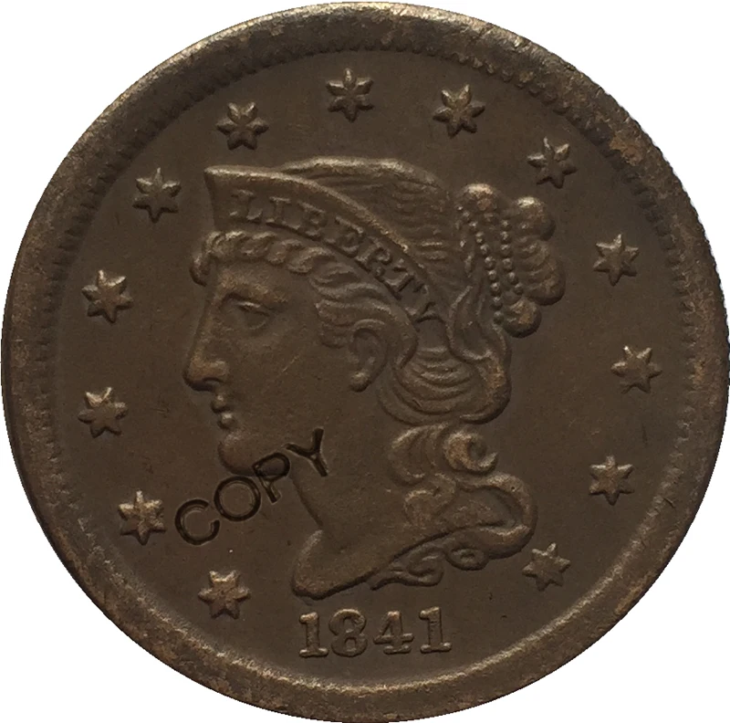 США 1839-1857 Заплетенные волосы большой цент копии монет