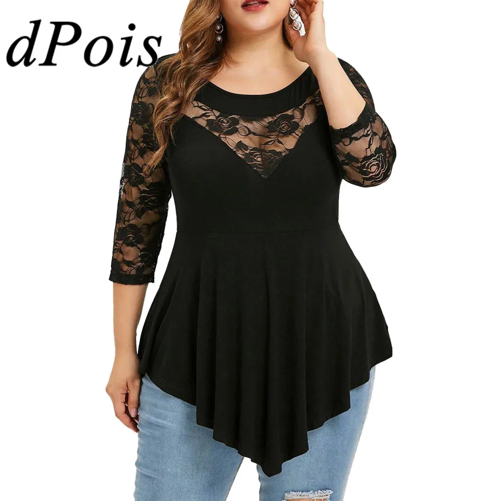 

Women See Through Floral Lace Splice Blouse 3/4 Sleeve Plus Size Shirt Blouses Plus Size Fashion Woman's Tops Female
