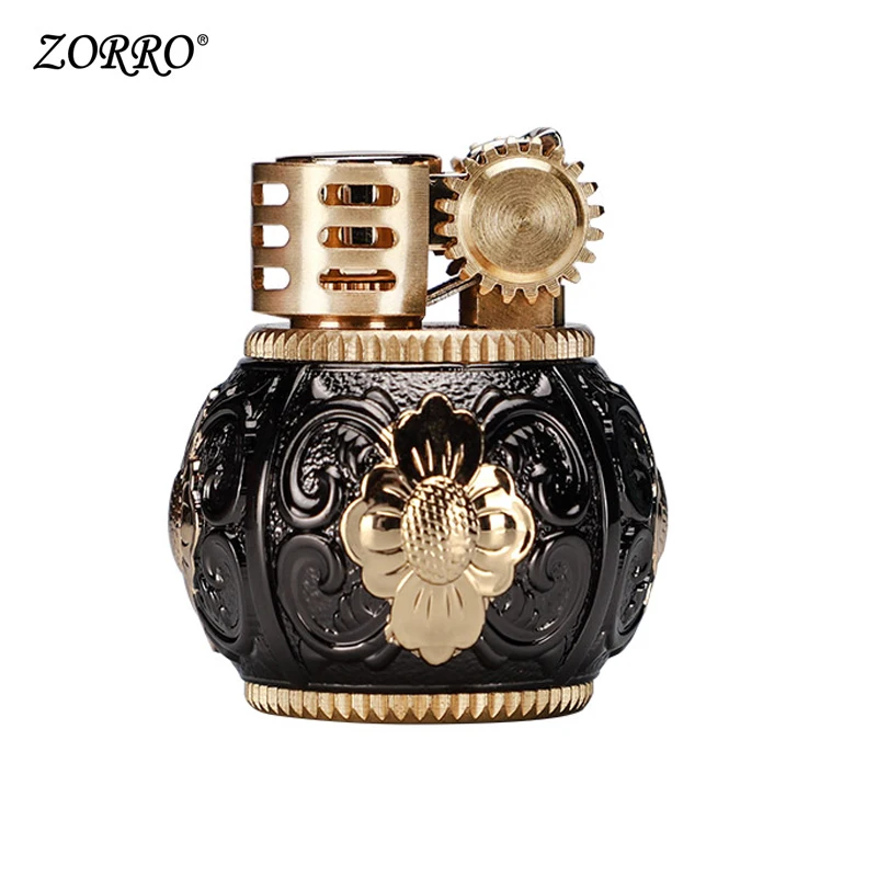 Black and gold Зажигалки, не ZippoZorro зажигалка, индивидуальная креативная Мини Волшебная бусина, Ветроустойчивая ретро-винтажная резная круглая керосиновая зажигалка для мужчин - Цвет: Black and gold