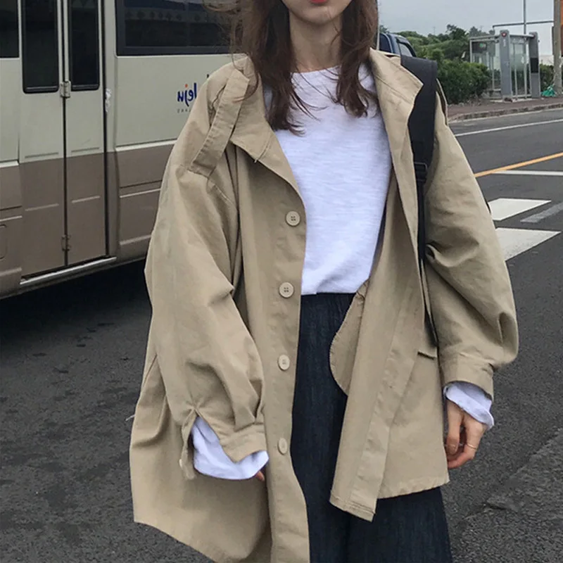Trench Women Fashionable Gothic Japan Style Harajuku High Street Streetwear Solid Turn-down Collar Retro Bf Casual Coats Chic | Женская