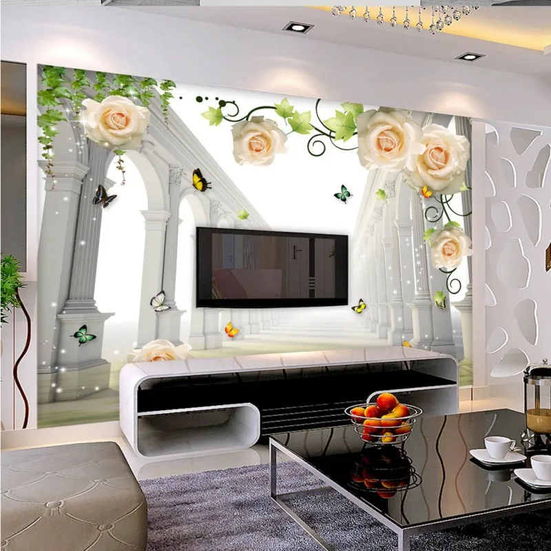 

Drop Shipping Photo Wallpaper Roman Column Space Yellow Rose Flower Vine 3DTV Background Wall Living Room Murals Custom