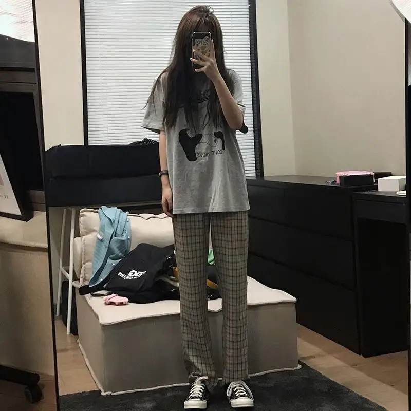 

Black And White Plaid Pants 2021 New Summer Day Hanging Feeling High Waist Loose Straight Tube w Wide Leg Thin Pants
