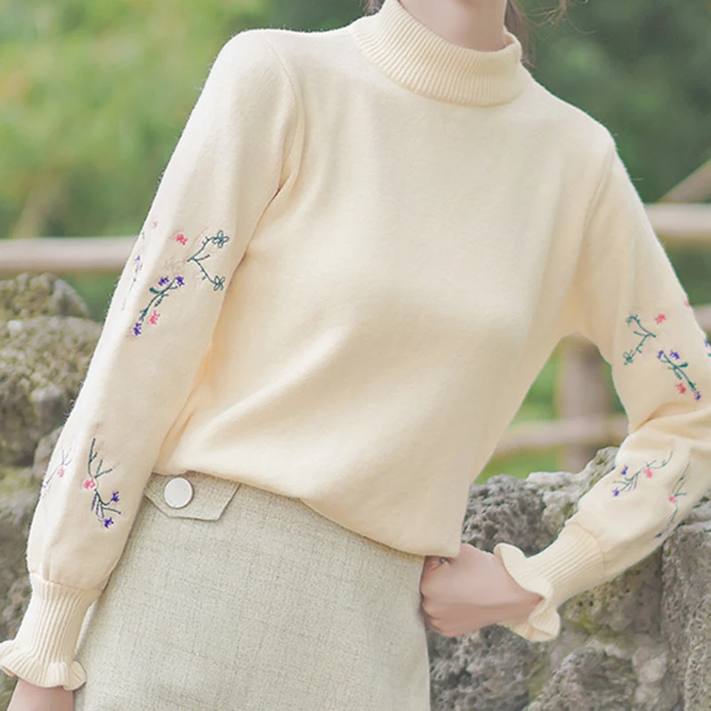 

2020 New Women Sweater Loose Half Turtleneck Bottoming Pullover Fashion Long Sleeve Embroidery Female Jumpers Warm Thick Tops