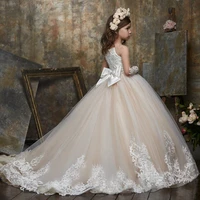 flower girl dress princess ivory lace applique tulle satin bow ball gown baby gown long sleeves first communion dress