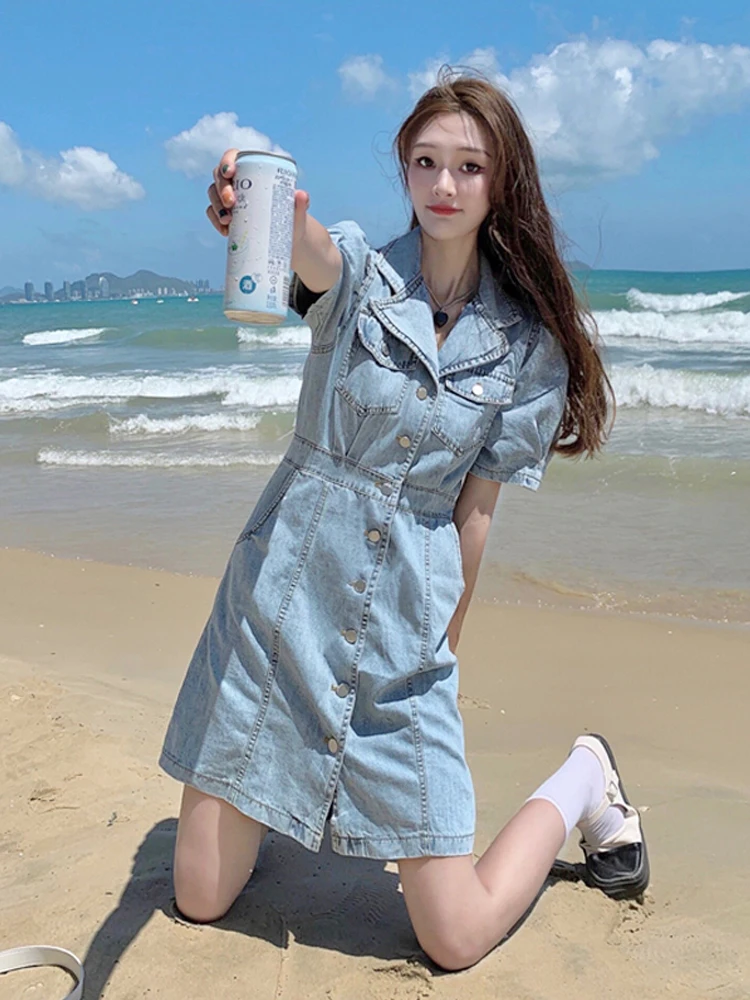 

Elegant Fashion Denim Dress for Women 2021 Summer New French Style Dress First Love Waist-Tight Slimming A-line Short Dress