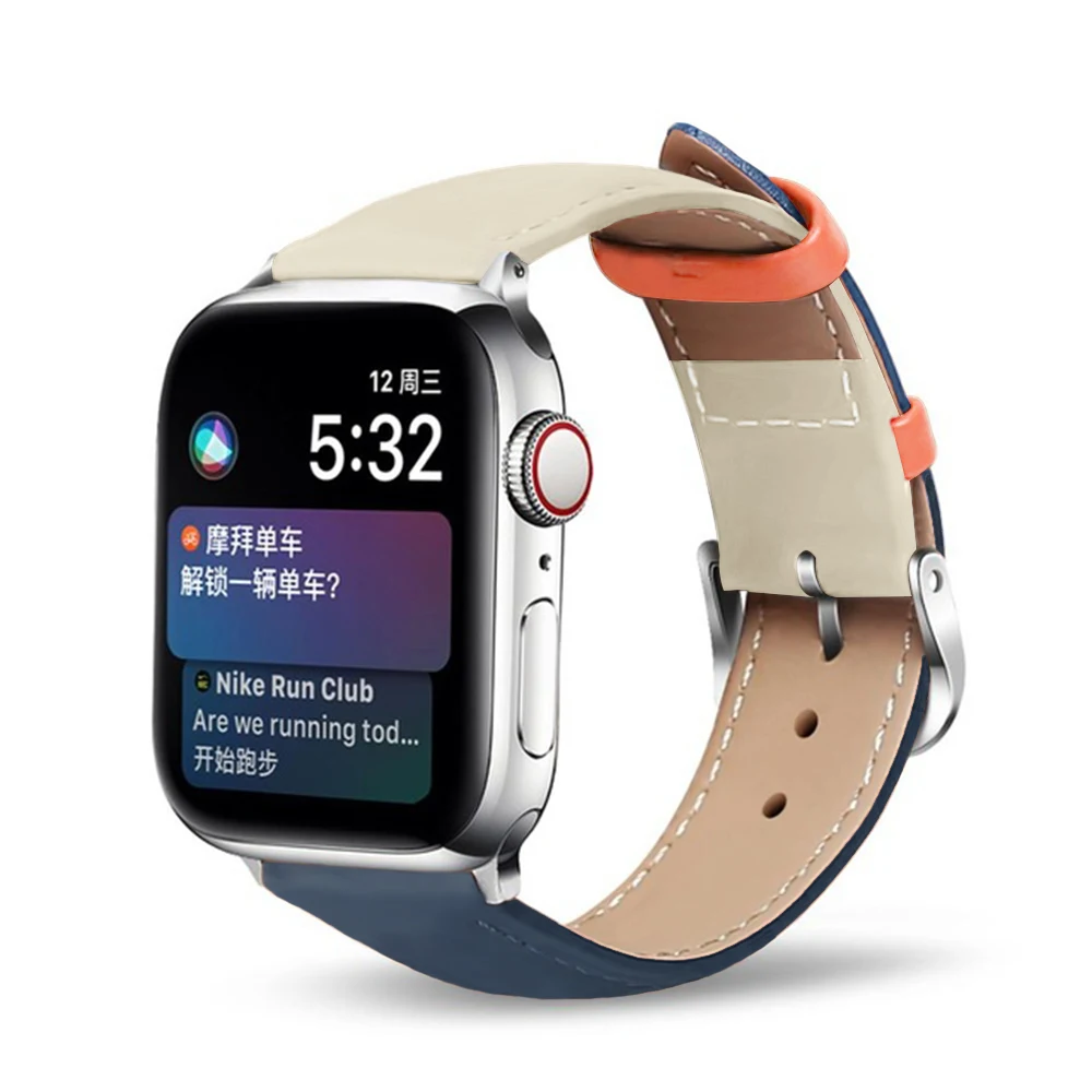 White plus blue Кожаный ремешок для часов Apple, подходит для 5, 40 мм, 44 мм, браслет, ремень из натуральной кожи, ремешок для часов 38 мм, 42 мм, iwatch, серия 4/3/2/1 - Цвет ремешка: White plus blue