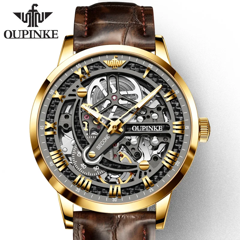 Роскошные Брендовые мужские автоматические механические часы-скелетоны OUPINKE