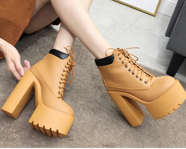 Classic high thick-heeled women's boots waterproof platform lace high-heeled short |