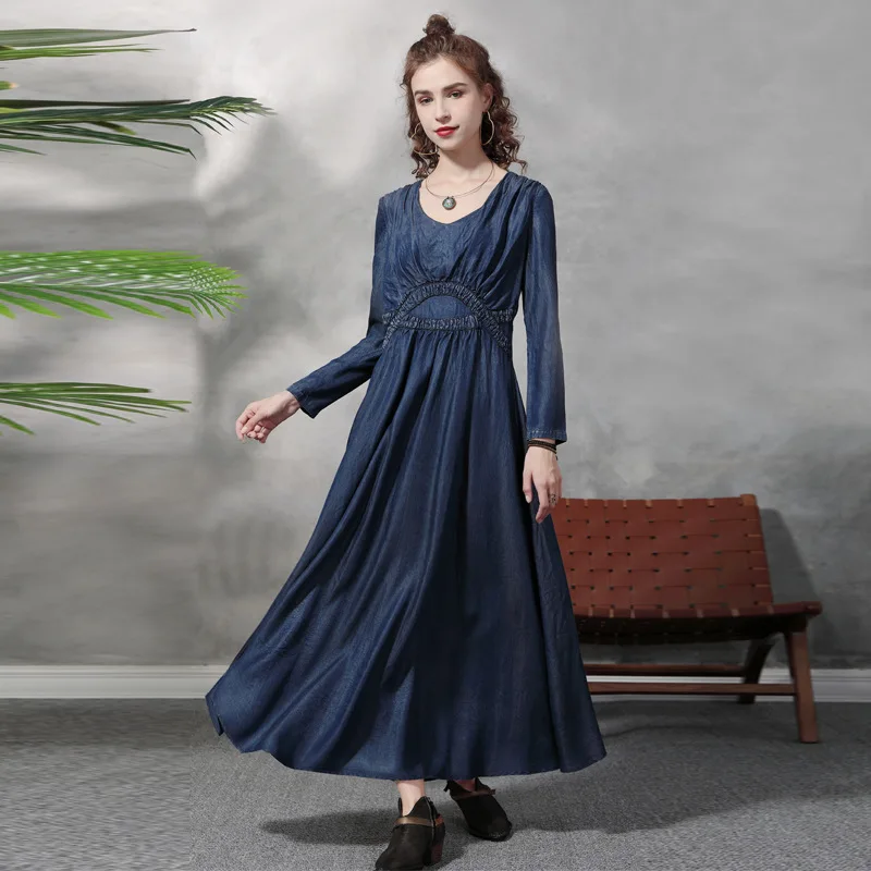 

Women Dress Vintage Denim Dress Autumn Pullover Adjustable Waist Pleated A-LINE Dress Maxi Dresses for Women Vestido Feminino