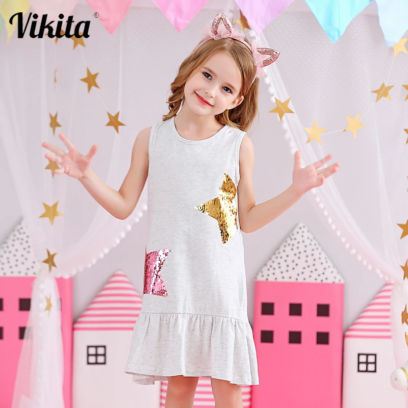 VIKITA 2019 New Brand Summer Girls Dresses Sequined Girl Clothing Princess Dress Children Costume 100% Cotton Kids Clothes | Детская