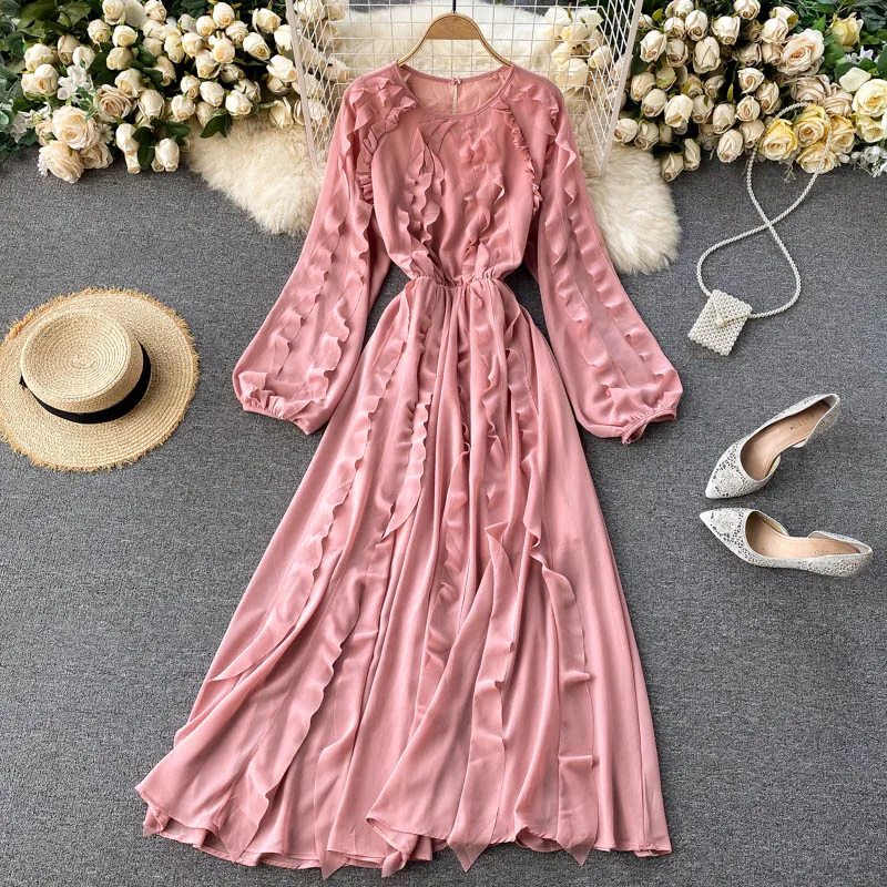 

Wavsiyier Boho Elegant Winter Dresses Women Party Runway Long Sleeve Vintage A-line High Waist Autumn 2021 Luxury Solid Dress