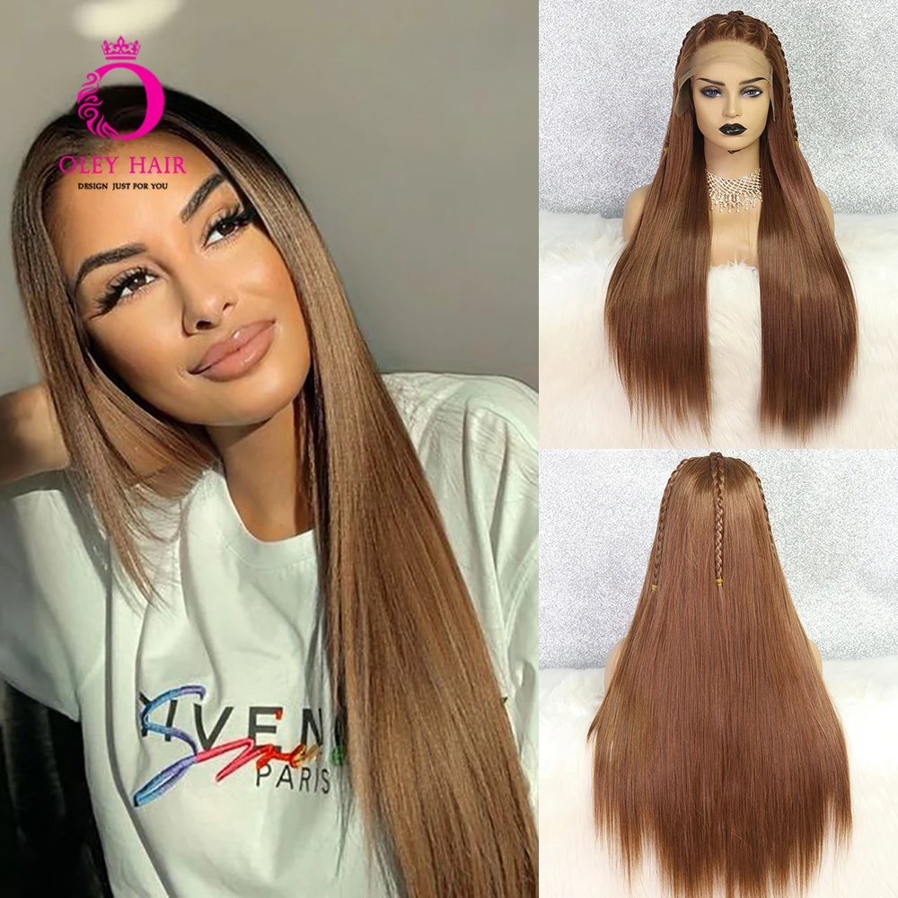 Brown Wig Glueless Synthetic Lace Front Wig High Temperature Fiber Straight Freepart Hollywood Daily Wigs For Black Women OLEY