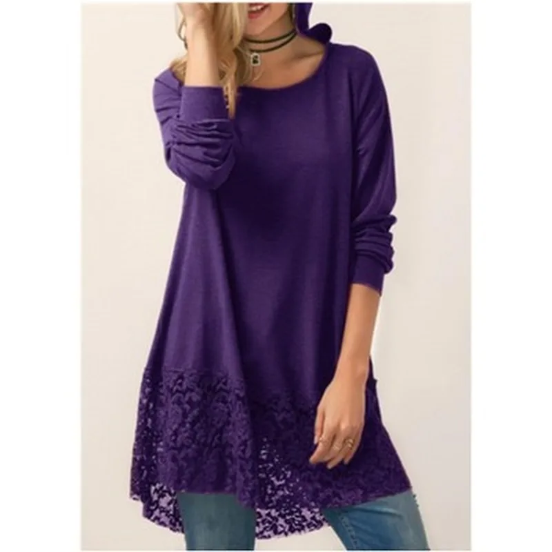 

Womens Casual Long Sleeved T-shirts Solid Color Hoodies Long Sleeved T-shirt Autumn Lace Hooded Sweater Plus Size