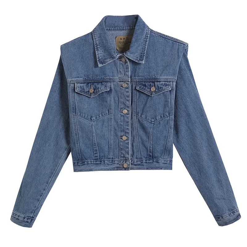 

2021 Spring Autumn Korean Ins Retro Design Pleated Padded Shoulder Denim Jacket Long Sleeve Fashionable Women Short Jeans Coat