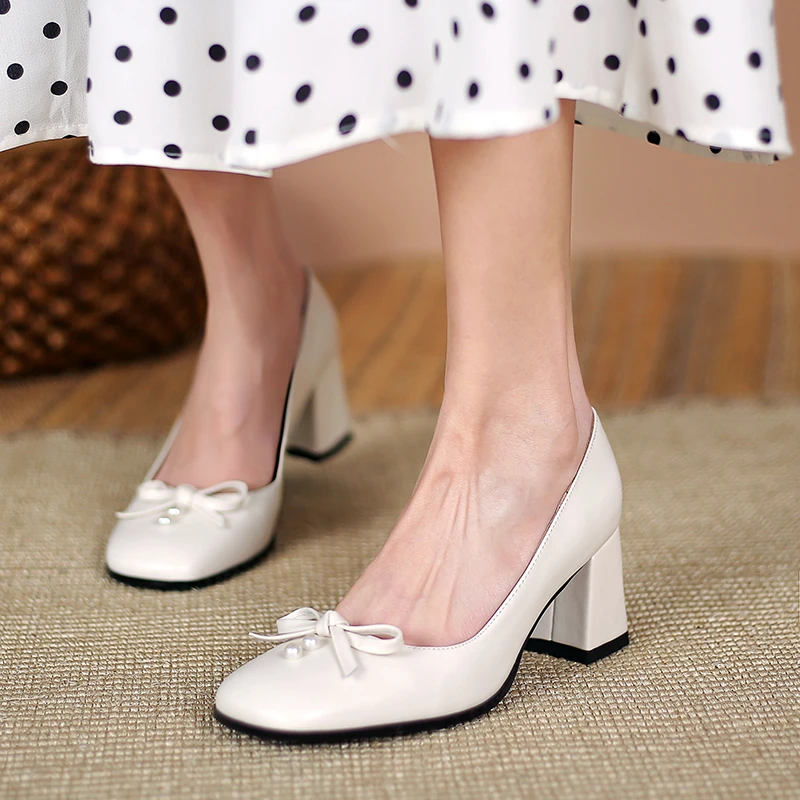 

VERCONAS Fashion Concise Square Toe Casual Women Pumps Genuine Leather Butterfly-Knot Basic High Heels Shoes Woman Spring Newest