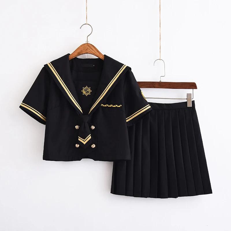 Short Sleeve Set UPHYD/японская форма с длинным рукавом для школьниц, с вышивкой сакуры, для старшей школы, женские новые матросские Костюмы, униформа для девочек черного цвета - Цвет: Short Sleeve Set
