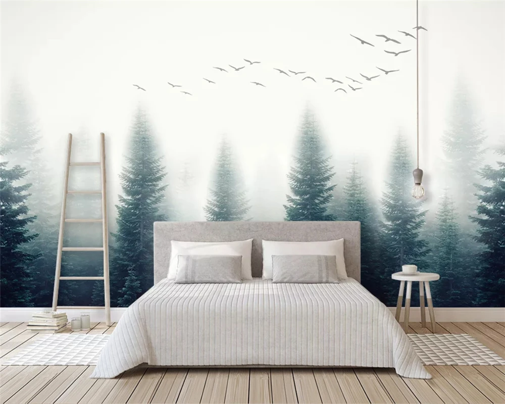 Пользовательские Современные 3D обои современный свежий лес облака флок птицы