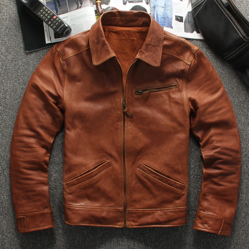 

Pop Arrival Vintage Brown Casual Men Genuine Leather Jacket Plus Size Sheepskin Slim Fit Coat