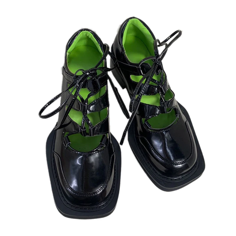 

New Autumn Women Shoes Girl Cross Tied Platform Shoes Woman Brand Square Toe Oxform Ladies Soft Fashion Shoes Female Black Shoes