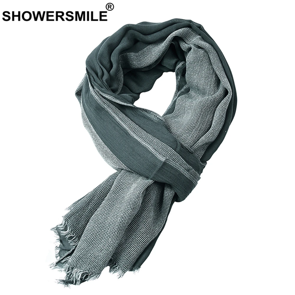SHOWERSMILE, черный шарф из хлопка и льна, мужской длинный лоскутный шарф для мужчин, зимние мужские шарфы с кисточками, модные мужские аксессуары
