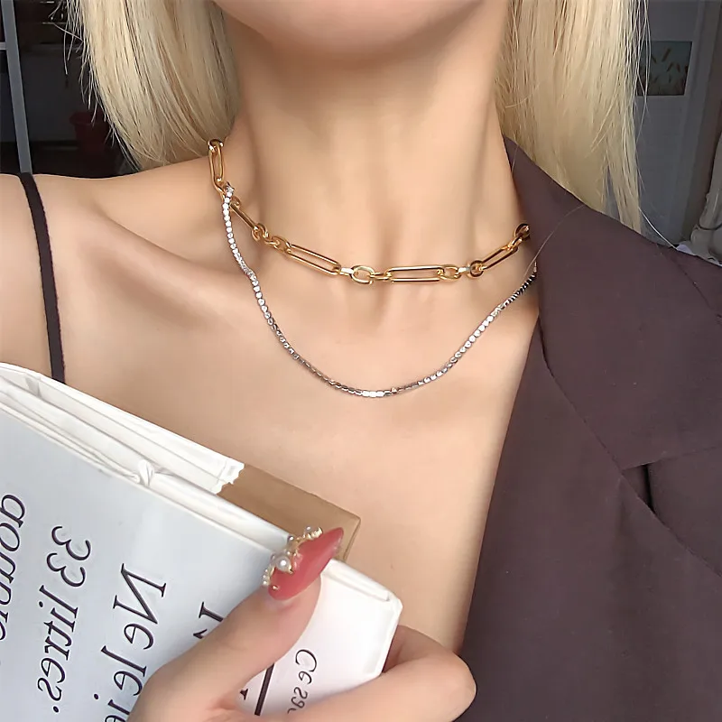 

French Fashion Double Layer Rhinestone Tennis Chain 24k Gold Plated Chain Necklace Women's Minimalist Gold Choker Necklace
