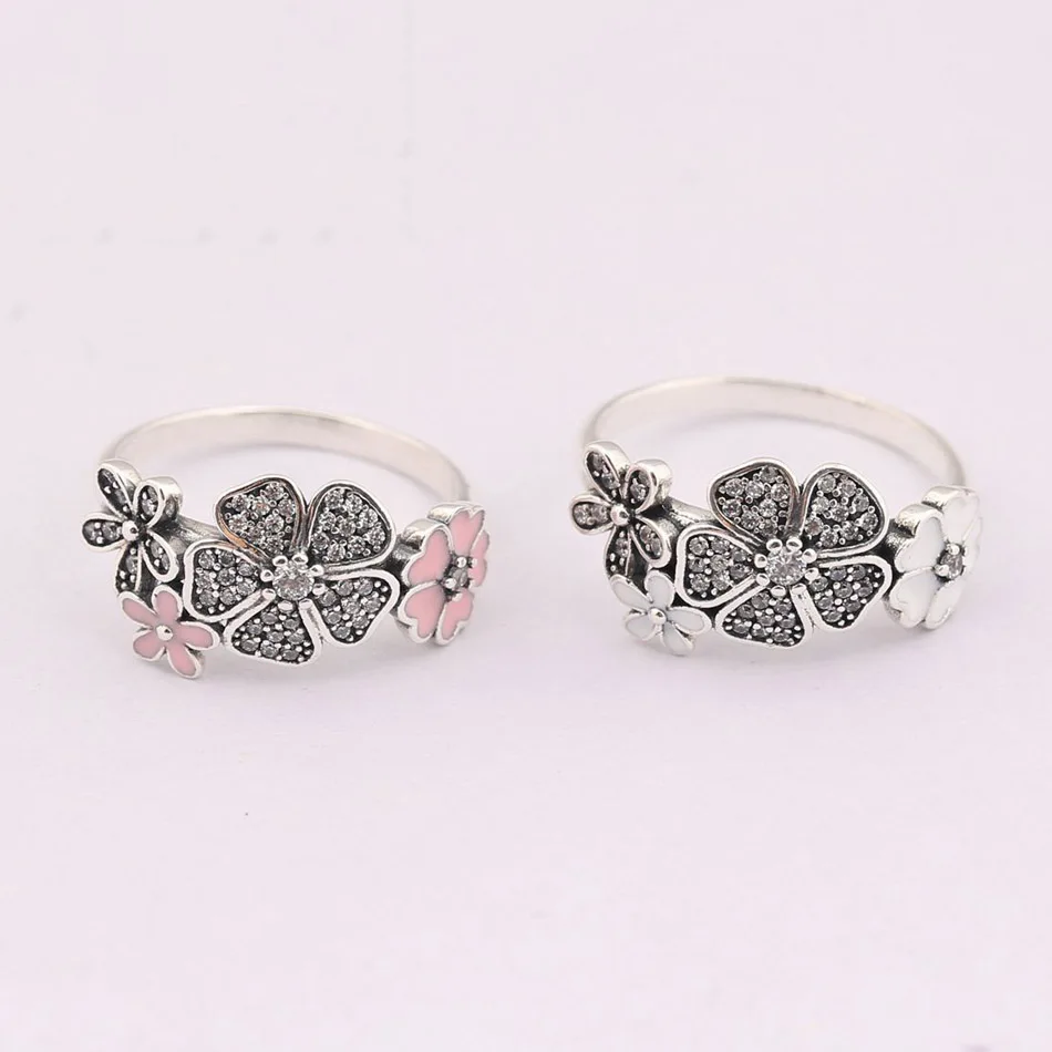 

S925 Shimmering Bouquet Ring White Pink Enamel Clear CZ For Women Wedding Party fit Lady Fine Jewelry