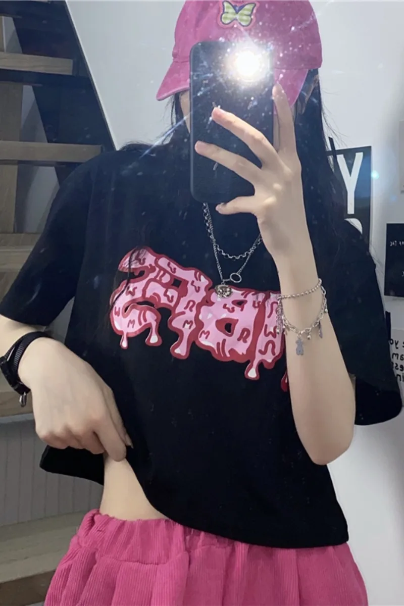 

Short T-shirt women's summer 2021 new Korean character print black loose short sleeve top fashion