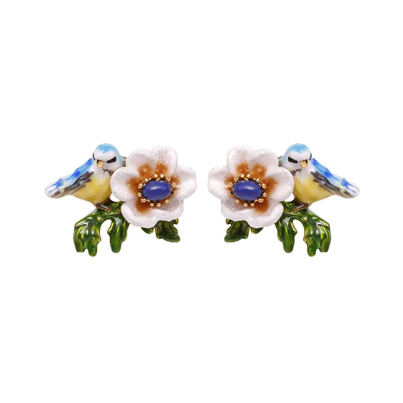 

French Style Fashion Temperament Niche Blue Bird Earrings Female Enamel Glaze Super Fairy Flower Ear Clip Without Pierced Ears