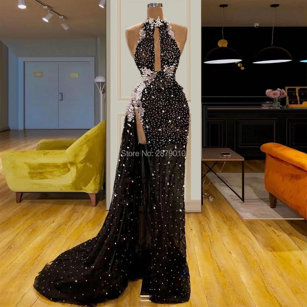 Черная высокая шея оболочка/колонна длинная аппликация для вечернего платья