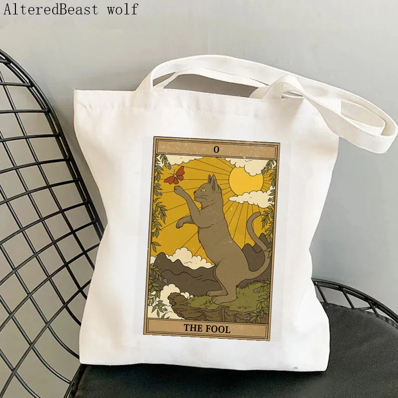 

Women Shopper bag The Fool cat Tarot Printed Kawaii Bag Harajuku Shopping Canvas Shopper Bag girl handbag Tote Shoulder Lady Bag