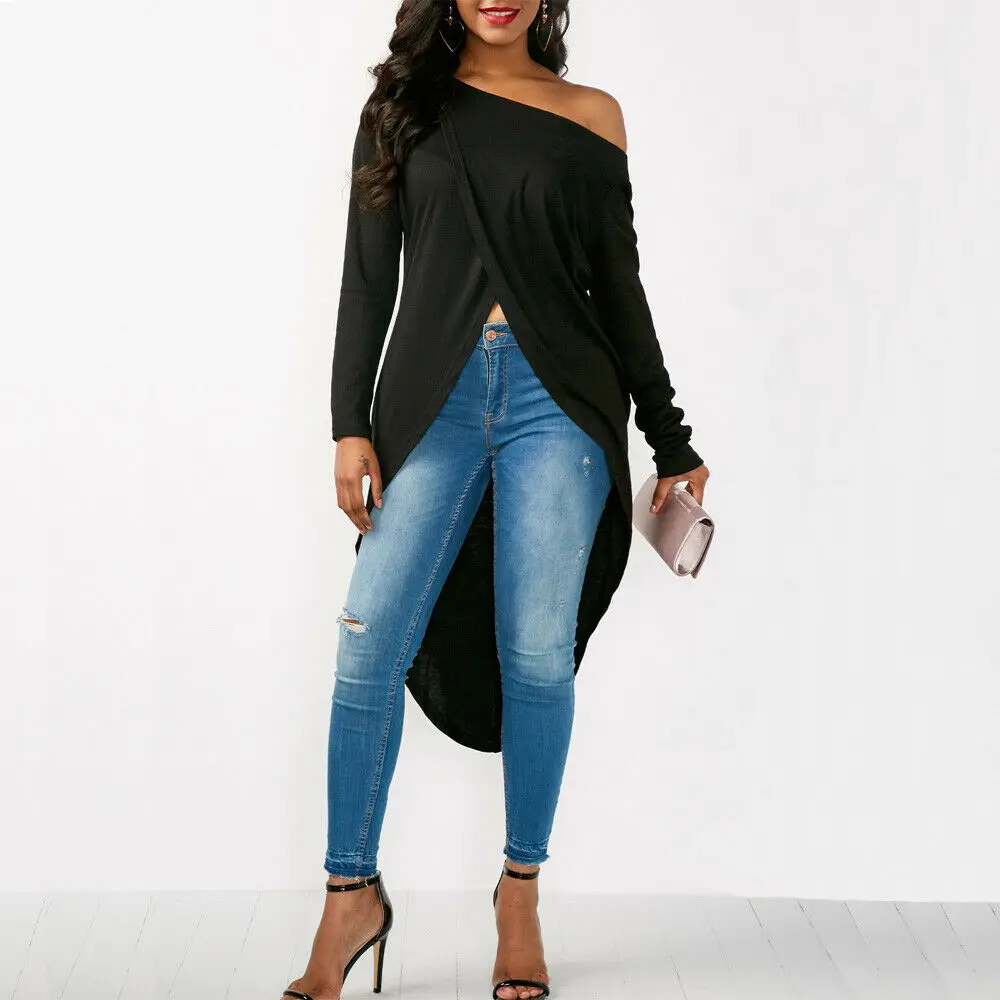 Весенне осенние женские топы с открытыми плечами простые асимметричные длинным