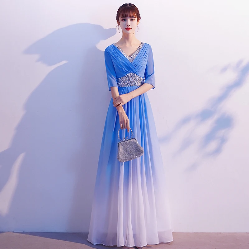 

Sequins Deep V-Neck Evening Dress Simple Empire Pleat A-Line Half Sleeves Elegant Floor-Length Woman Formal Party Gowns A1248