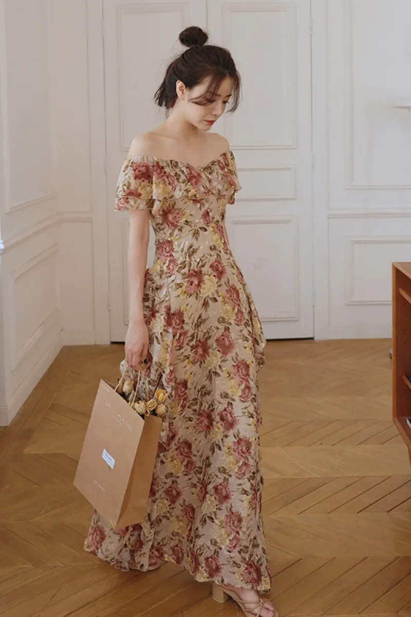 

Dresses for Women Summer French Style Vintage Floral Dress Sweet Temperament Chiffon off-Shoulder A- line Super Dresses