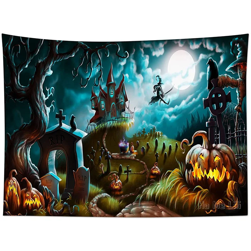 

Pumpkin Graveyard Terror Lantern Wall Decor Witch On Broom Run To Moon Night Sky Castle By Ho Me Lili Tapestry