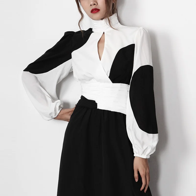

Корейская мода женские блузки 2020 Лето Весна пышные рукава Высокий воротник с высокой талией Черный Белый Блузка и Топ для женщин AA5468