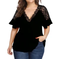 women blouses summer short ruffled sleeve deep v neck lace patchwork lace casual blouse female shirts top