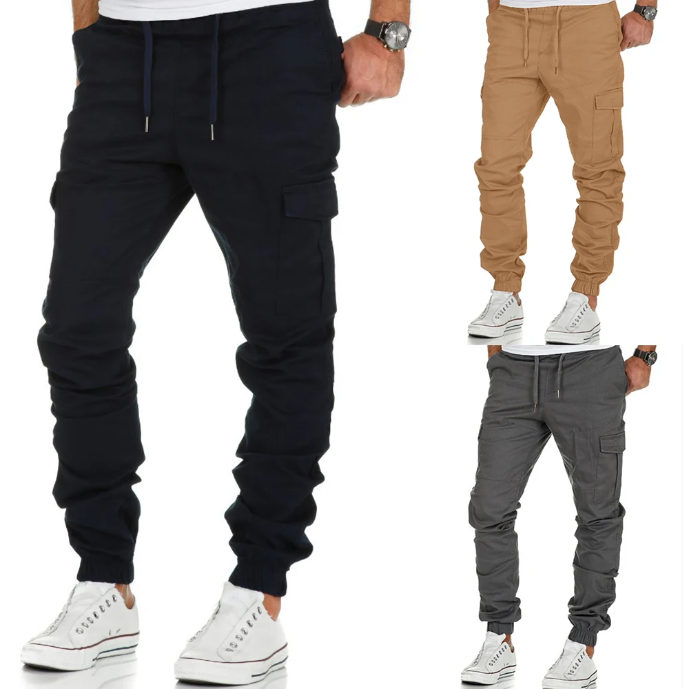 

Men Casual Solid Color Drawstring Multi Pockets Long Cargo Pants Male Sweatpants Jogger Cargo Pencil Pants Sports Trousers D30