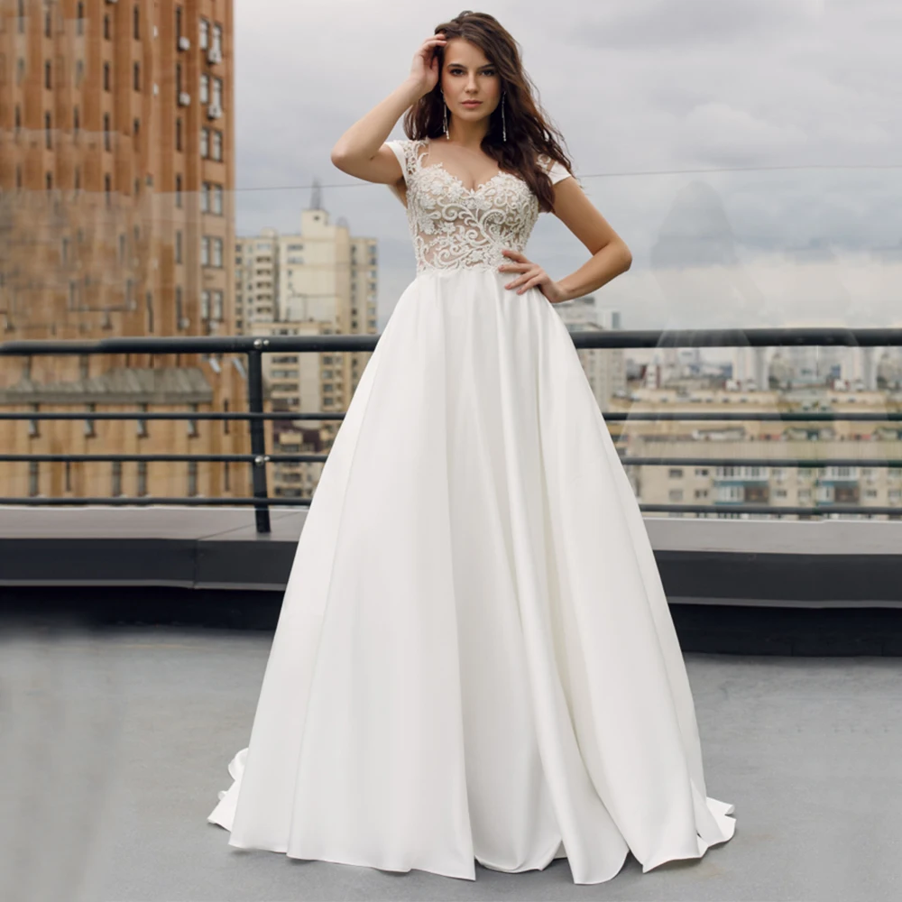 

2021 Summer Hot Sale Wedding Dresses Satin A Line Short Sleeve Sweetheart Button Back Brush Train White Bridal Gown Plus Size