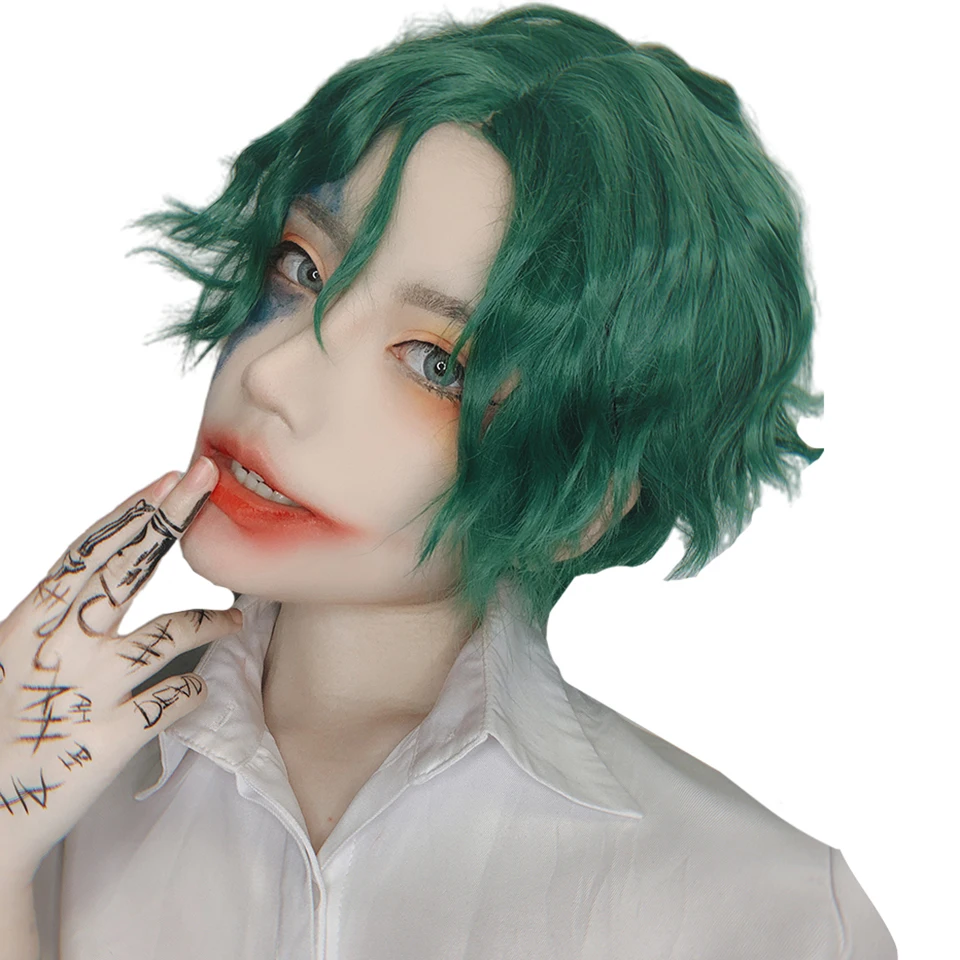 AILIADE Green Cosplay Wigs Short 9" Messy Clown ‘Joker’ Natural Part Side Synthetic Hair for Women Party Halloween | Шиньоны и