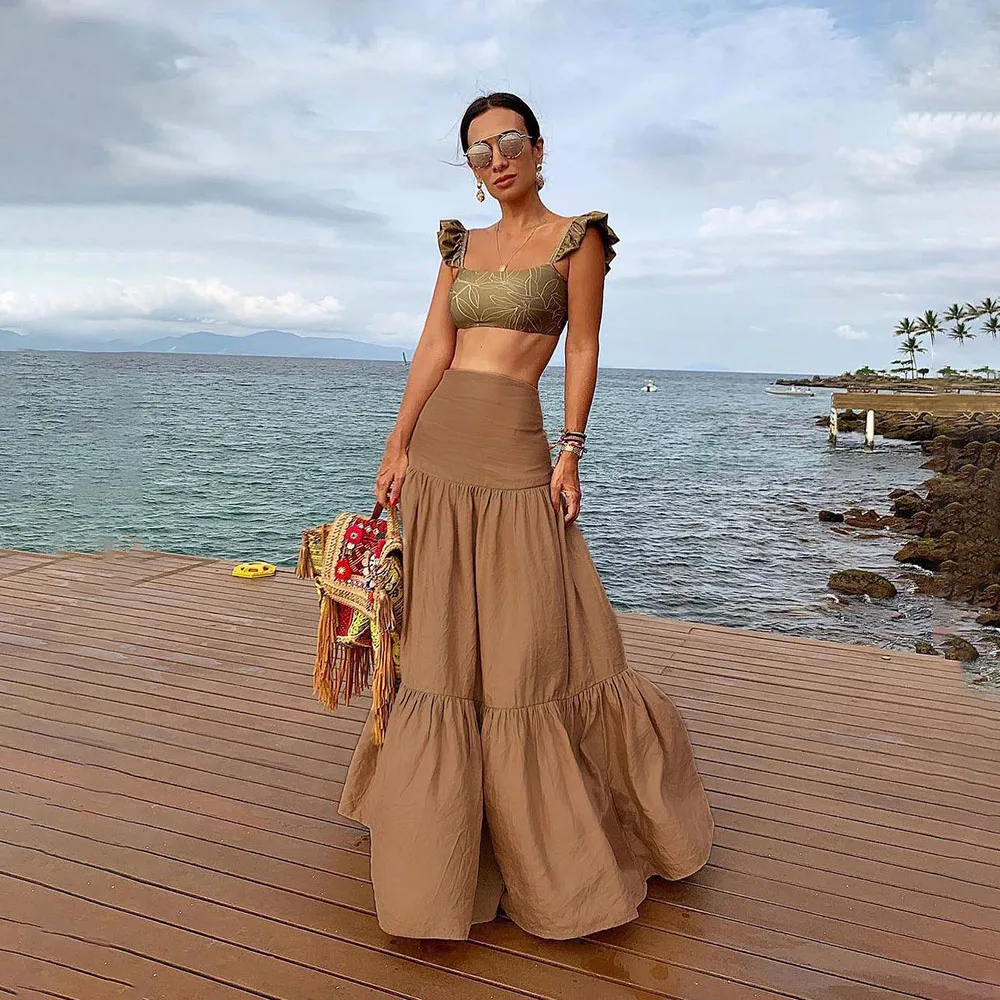 Женская длинная юбка с оборками Однотонная макси из хлопка и льна цвета хаки